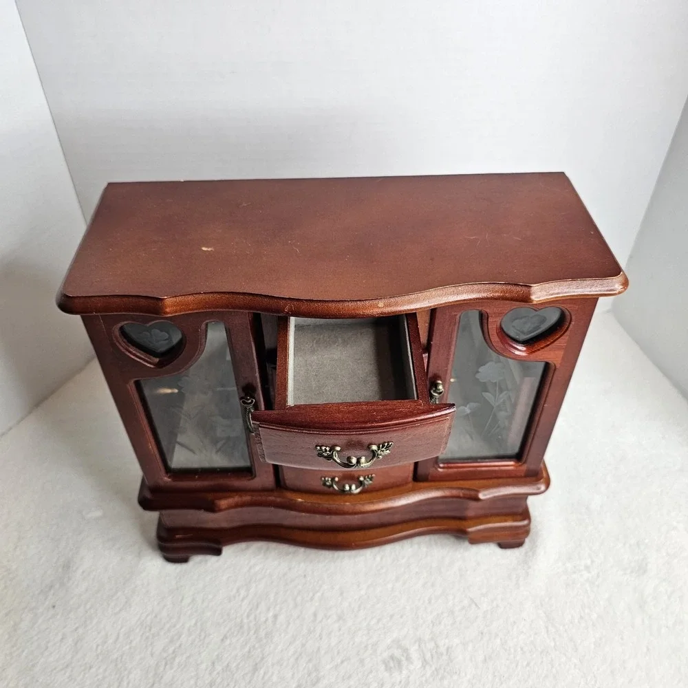 Wood Jewelry Box Chest w/ Mirror, Velvet Lined, Ring Holder, Heart, Brown